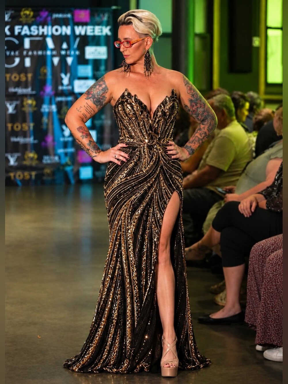 Ashley Lauren Strapless Black & Gold Sequin Pageant Evening Gown